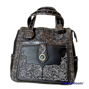Montana West western tooled, leather-look Shoulder Bag Black 12”X15”